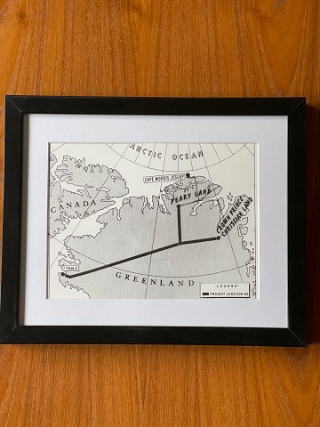 Vintage black and white photo of a map of transport routes from the US operation 
Lead Dog in Greenland dated 1960