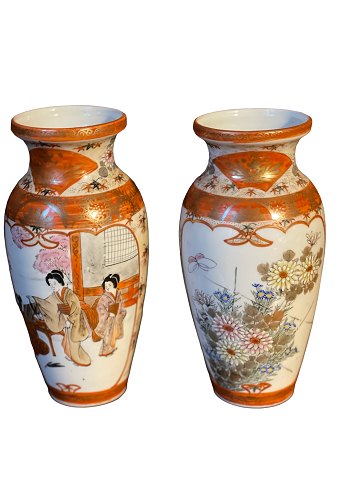 Pair of Japanese Kutani vases, decorated in orange and gold