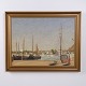 Oliemaleri på Lærred med Havnemotiv og Både i Guldramme 60 x 75 cm