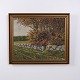 Oliemaleri på Lærred med Rådyr ved Stengærde i Guldramme 58,5 x 70 cm, Jørgen Luplau Janssen (1912-1982)