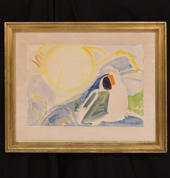 Samuel Joensen-Mikines, 1906-79: Akvarel, "Morgen". Signeret og dateret 1960. 
Lysmål: 41x51cm. Med ramme: 46x56cm