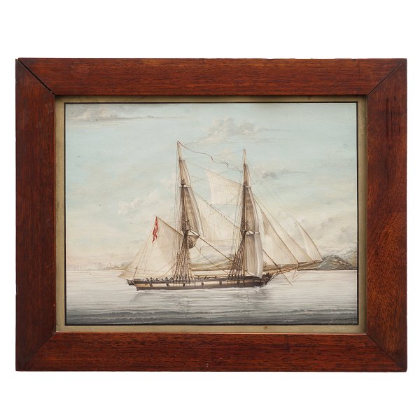 Lille skibsakvarel signeret "Petersen". Ca. år 1860. Lysmål: 19x24cm. Med ramme: 
25x30cm