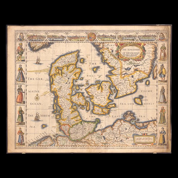 Kobberstukket og koloreret Danmarkskort . "The Kingdom of Denmarke". Udgivet ca. 
år 1676. Mål: 42x54cm