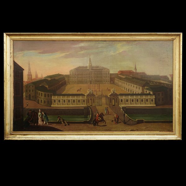 Stort parti med motiv i form af Christiansborg med Ridebanen og folkeliv i 
forgrunden. Olie på lærred. Malt ca. år 1755. Lysmål: 134x78cm. Med ramme: 
147x91cm