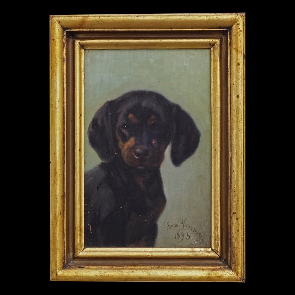 Simon Simonsen gravhund. Simon Simonsen, 1841-1928, olie på plade. Signeret og 
dateret 1893. Lysmål: 17,5x11cm. Med ramme: 23,5x17cm