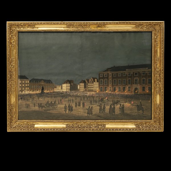 Gouache bag glas med motiv i form af fakkeloptog på Kongens Nytorv, København, 
med Charlottenborg og Det Thottske Palæ i baggrunden. Ca. år 1840. Lysmål: 
69x101cm. Med ramme: 85x117cm