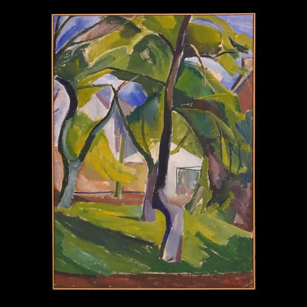 Axel P. Jensen, 1886-1972, Öl auf Leinen. "Bäume im Garten" Signiert. Masse: 
87x61cm