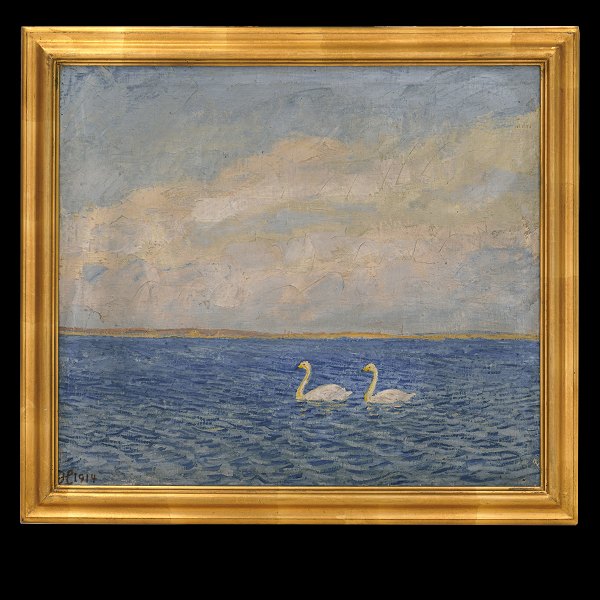 Johannes Larsen, 1867-1961, Öl auf Leinen. Motiv in Form von zwei Schwänen. 
Signiert und datiert 1914. Lichtmasse: 56x63m. Mit Rahmen: 66x73cm