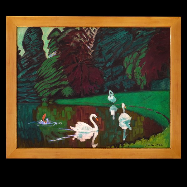 Jens Ferdinand Willumsen, 1863-1958, Öl auf Leinen. See mit Schwänen. Signiert 
und datiert 1935. Lichtmasse: 72x90cm. Mit Rahmen: 85x103cm