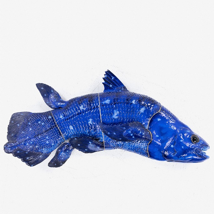 Jeanne Grut / Royal Copenhagen
Wall-mounted relief sculpture ""Blue Fish"" in blue-glazed faience based on the 
Coelacanth fish.
1 pc. in stock
