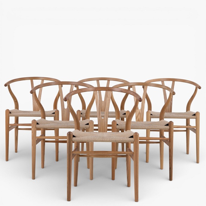Hans J. Wegner / Carl Hansen.CH 24 - Sæt á 6 spisestole i elm med sæde i flettet papirgarn. Mærket fra producent. Limited Edition fra 2017.1 sæt på lager