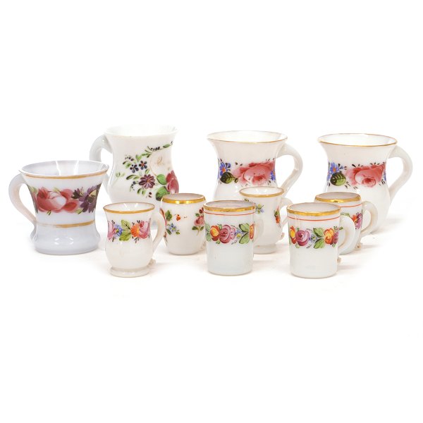 Collection of ten enamel decorated glasses circa 1860-80. H: 4,5-8,5cm