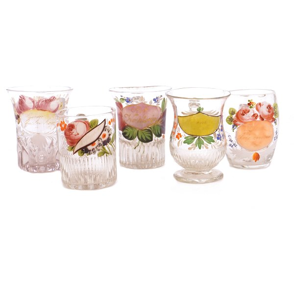 Collection of five enamel decorated glasses circa 1860-80. H: 9-10cm