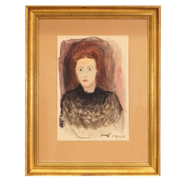 Jens Søndergaard portræt. Jens Søndergaard, 1895-1957, stort portræt af kunstnerens hustru. Signeret og dateret "Jens 9.1.51". Lysmål: 47x32. Med ramme: 75x59cm